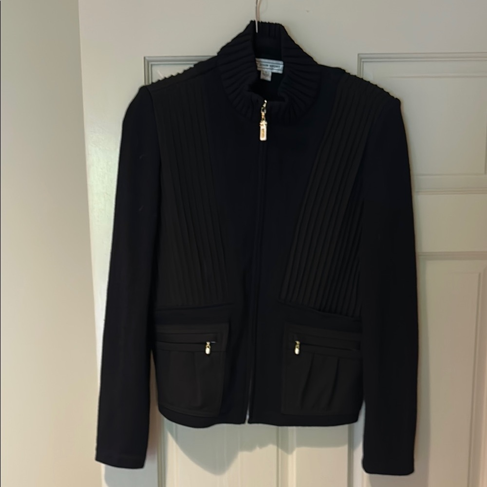 St. John Black Bomber Jacket with Stand-Up Collar